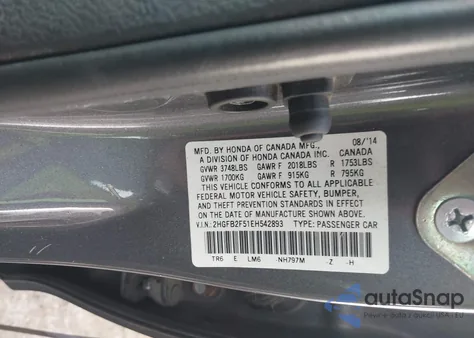 2014 Honda Civic Lx z USA, uszkodzony, nr VIN 2HGFB2F51EH542893